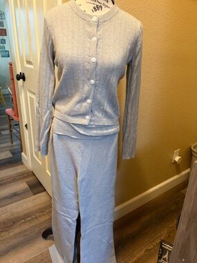 Sincerely Jules Light Gray Knit Button Cardigan Tank Pants 3 piece Set